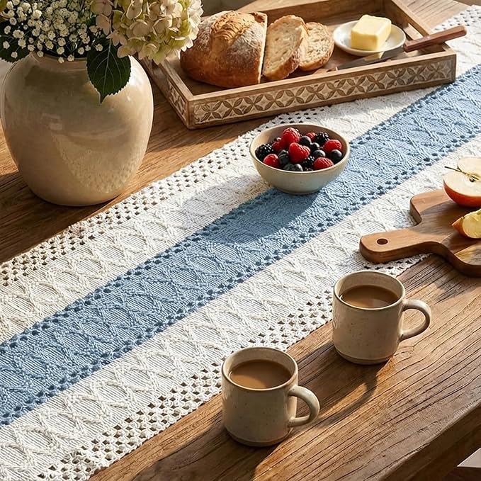 Artoid Mode Sky Blue Farmhouse Rustic Table Runner, Seasonal Holiday Hollow Kitchen Dining Table Decoration for Home Party Decor 12x60 Inch