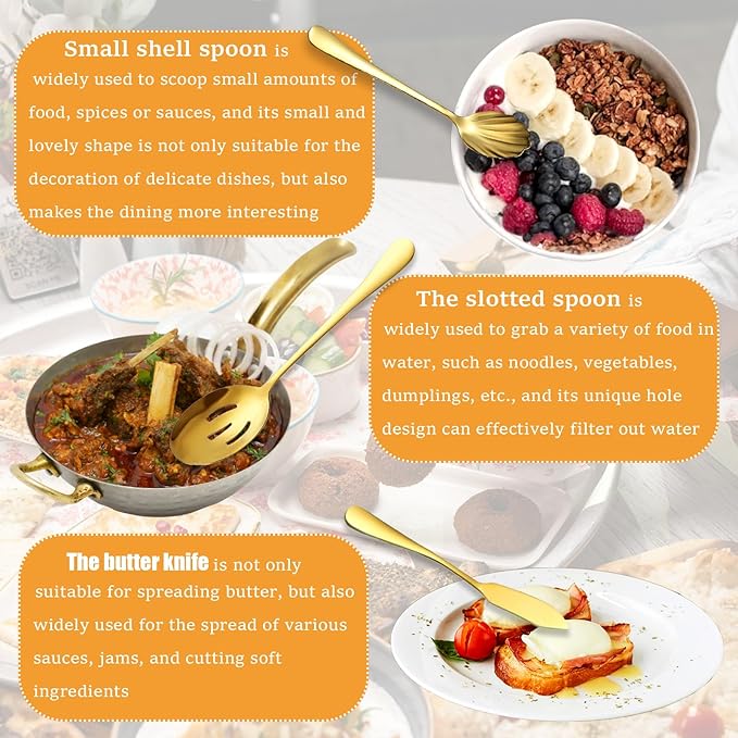 6Pcs Gold Serving Utensils Set Stainless Steel Kitchen Utensils Include Cake Server,Cold Meat Fork, Slotted Serving Spoon, Serving Spoon, Butter Knife Soup Ladle