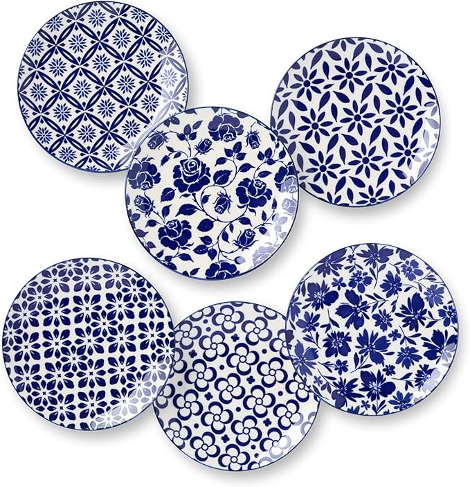 Madison Set of 6 Canape Plates - 6 Inches, Stunning Blue and White Designs - Perfect for appetizers, desserts, and small bites