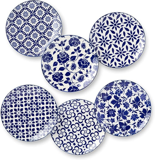 Madison Set of 6 Canape Plates - 6 Inches, Stunning Blue and White Designs - Perfect for appetizers, desserts, and small bites