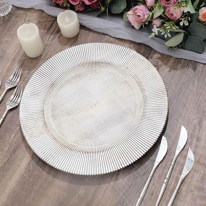 Efavormart 6 Pack | 13" White Washed Sunray Rim Faux Wood Plastic Charger Trays, Round Disposable Serving Plates