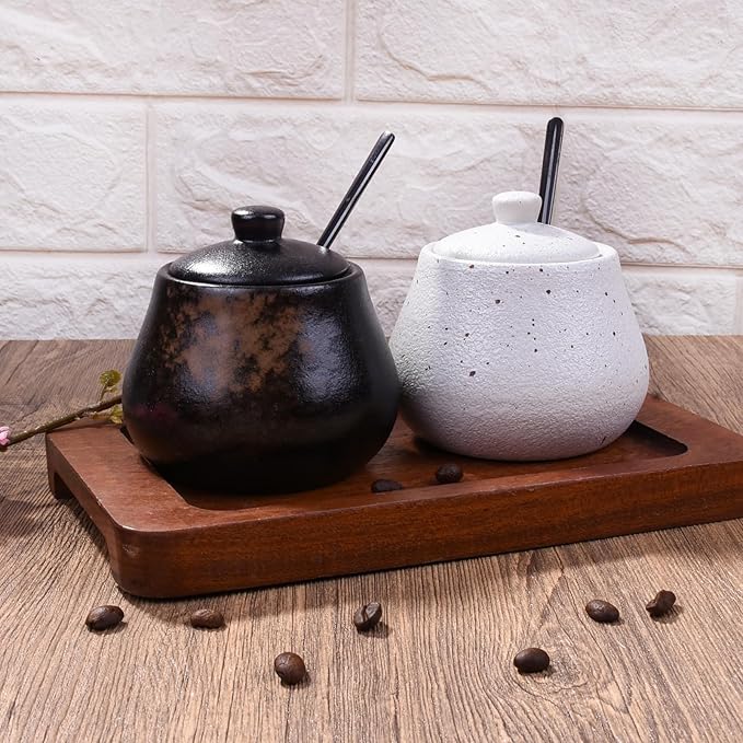 Sugar Bowl with Lid and Spoons Porcelain Sugar Salt Containers for Spice Seasoning (Black)