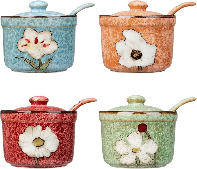 Handmade Ceramic Sugar Bowl with Lid and Spoon, 9oz Porcelain Condiment Jar with Hand-Painted Floral Design, Colorful Seasoning Container for Sugar, Salt, Spices Kitchen (4 colors)