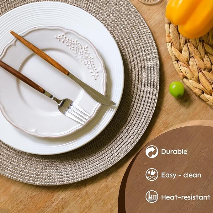 FunWheat Round Braided Placemats Set of 8 Table Mats for Dining Tables Woven Washable Non-Slip Place mats 15 inch(Taupe, 8pcs)