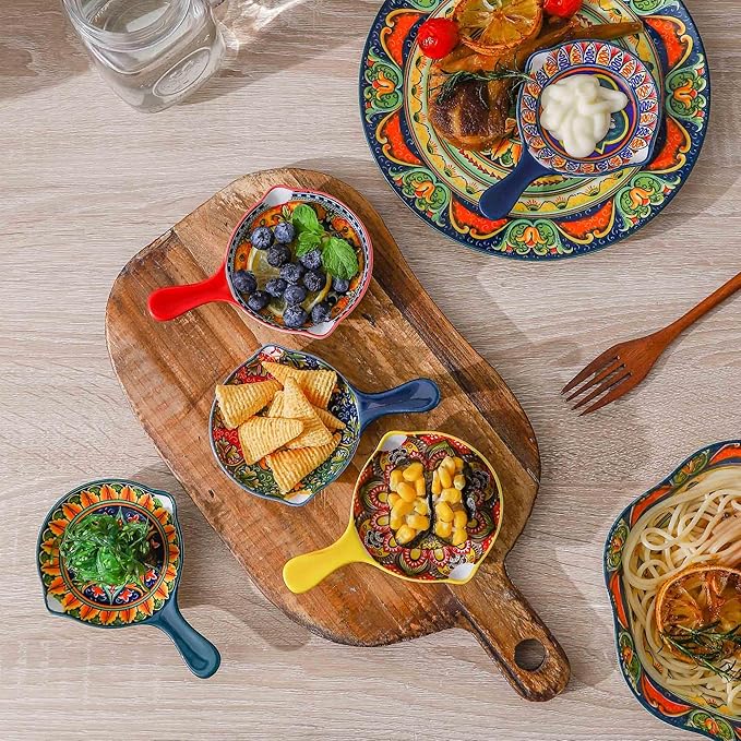 Henten Home Porcelain Sauce Dishes with Handle, 4 Inch Ceramic Dipping Dish Set of 6, Colorful Salsa Bowls for Sushi, Snack, Appetizer, Bohemian Style, Dishwasher & Microwave Safe