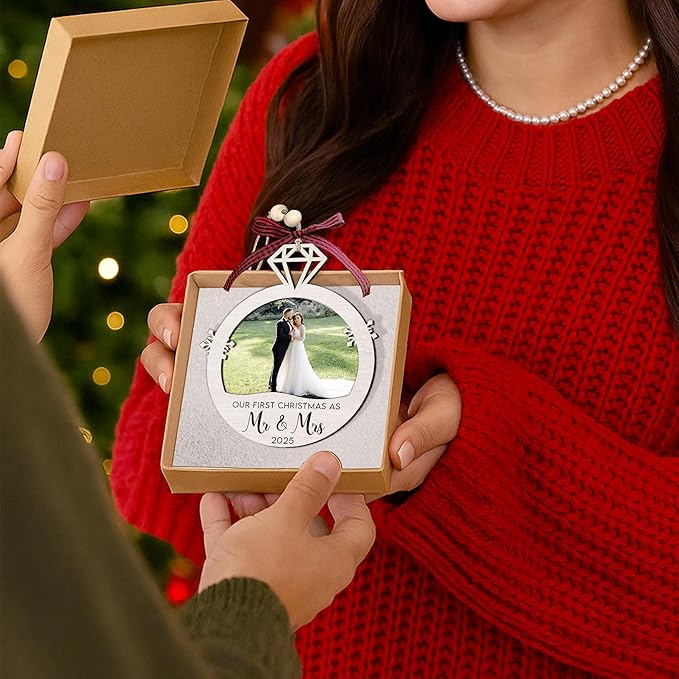 Personalized First Christmas Mr and Mrs Ornament Gifts - Wedding Gifts 2025 - Bridal Shower Bride Gift Ideas for Her, Married Couple, Newlywed - Picture Frame Wood Hanging Ornament 2025