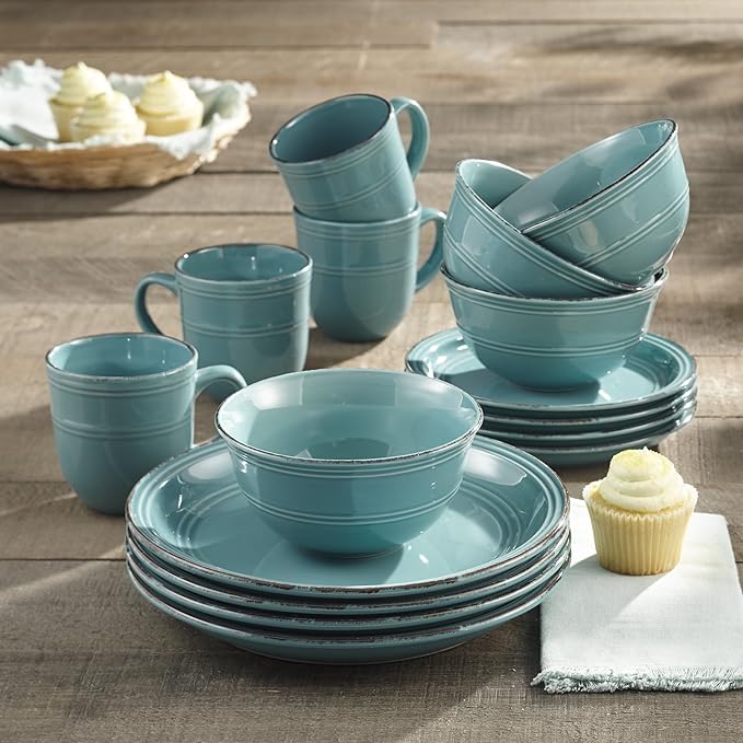 American Atelier Round Dinnerware Sets | Aqua Blue Kitchen Plates, Bowls, and Mugs | 16 Piece Stoneware Madelyn Collection | Dishwasher & Microwave Safe | Service for 4