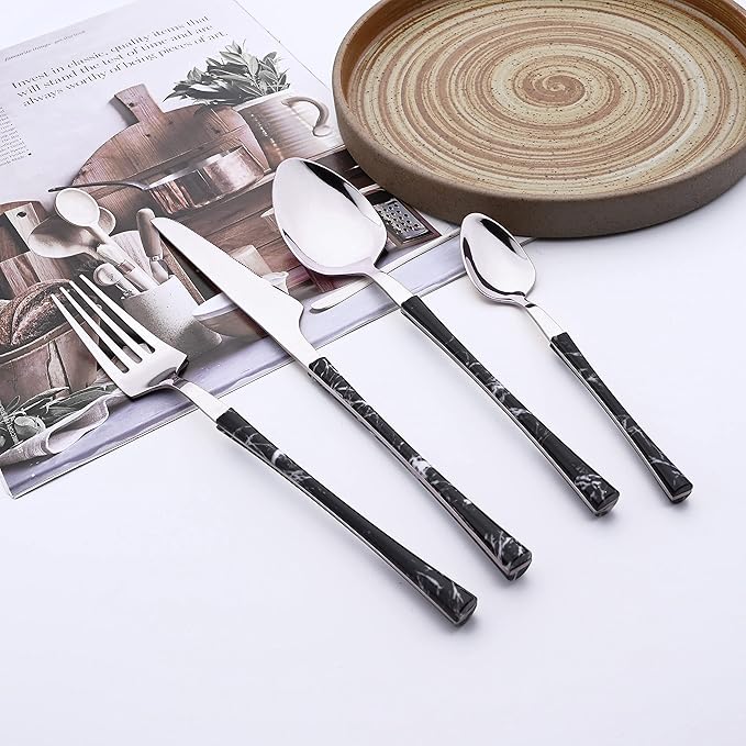 24PCS Silverware Set 18/0 Stainless Steel Flatware Set for 6 Includes 6 Dinner Knife/6 Dinner Fork/6 Dinner Spoon/6 Teaspoon Mirror Polished Cutlery for Home - Black Silver Eating Utensils