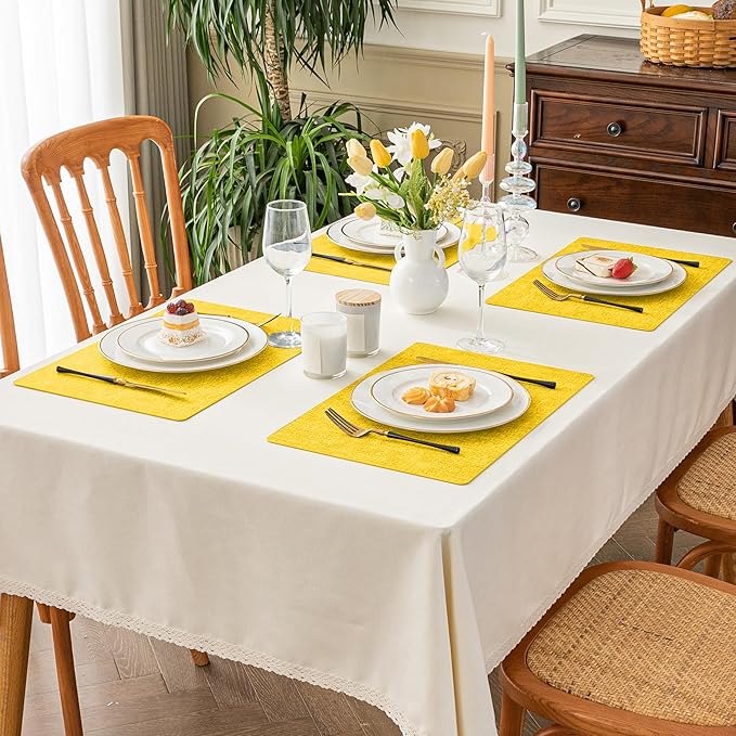 Romanstile Vinyl Placemats Set of 8-12 X 17 Inch - Faux Leather 100% Waterproof Oil-Proof Wipeable Place Mats, Heat Resistant Reversible PU Table Mats for Kitchen Dining Party Outdoor, Yellow