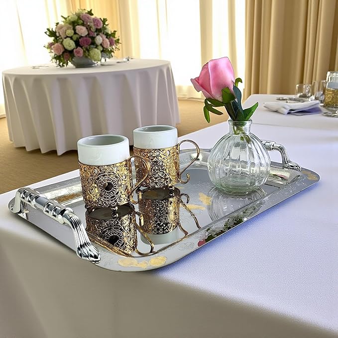 (Pack of 3) 14.2 inch x 10.2 inch Oblong Chrome Plated Serving Tray with Handles Stylish Design Iron Gold Floral Engraved Decorative Wedding Dessert Buffet Wine Platter Plate NC-262
