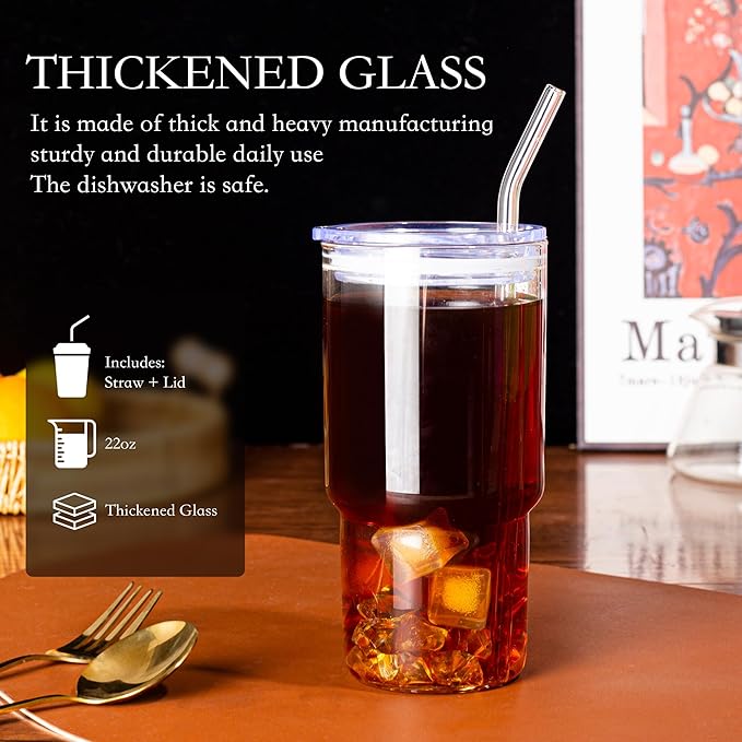 Dingerjar Glass Tumbler with Lid and Straw, Borosilicate Glass Iced Coffee Cup Smoothie Cups 24 oz/750ml for Hot or Cold Drinks