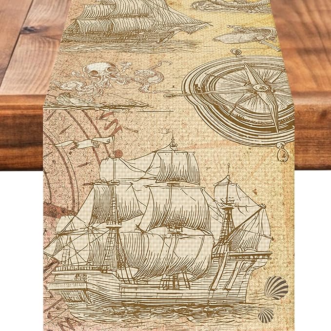 Nautical Sailboat Table Runner Seasonal Holiday Kitchen Dining Linen Table Decoration for Indoor Outdoor Home Party Decor 13 x 72 Inch