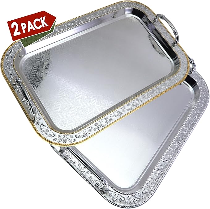 (Pack of 2) 16.5 inch x 11.8 inch Oblong Chrome Plated Serving Tray with Handles Stylish Design Floral Engraved Iron Gold Edge Decorative Party Wedding Buffet Wine Platter Plate FST-012