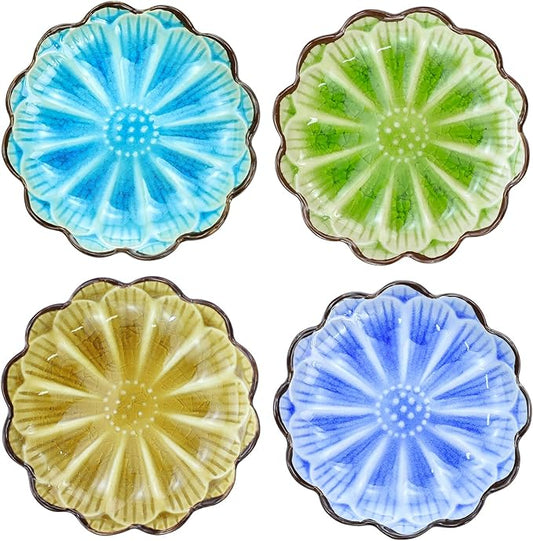 Gaolinci 4 Inches Lotus Shaped Ice Crack Ceramics Seasoning Dishes/Tea Bag Holders/Ketchup Saucer/Appetizer Plates/Vinegar Spice Salad Soy Sushi Wasabi Seasoning Dipping Dishes (Set of 4)