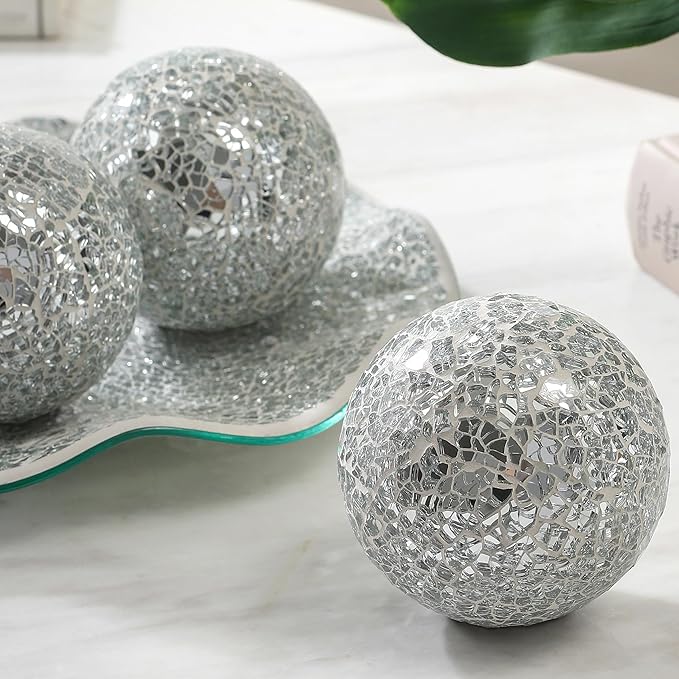 Mosaic Glass Decorative Tray Set, 11.5 inch Plate Bowl with 3 Balls, 3.75 inch, Handmade Centerpiece (Silver)