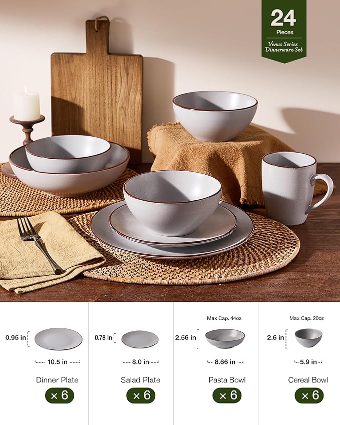 Famiware Venus Speckled Dinnerware Set with Pasta Bowls, Service for 6 (24 Pieces), Stoneware Plates and Double Bowls Sets, Microwave & Dishwasher-Safe Dishes with Trim, Matte Light Grey