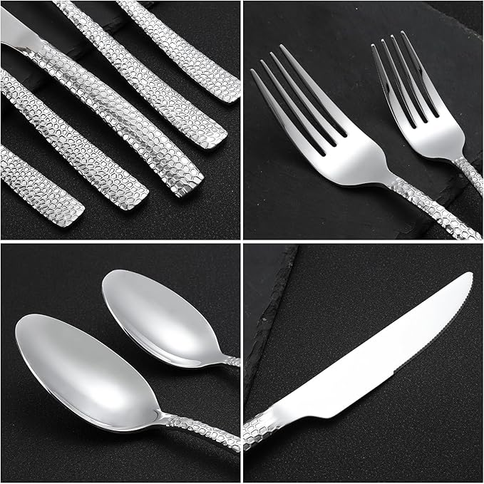 30-Piece Silver Silverware Set, Heavy Duty Hammered 18/10 Stainless Steel Flatware Set for 6, Food-Grade Cutlery Set, Tableware Set Including Fork Knife Spoon Set,Dishwasher Safe