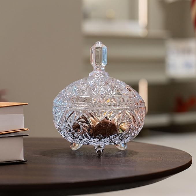 Cystone 27oz Large Glass Candy Dish with Lid, Crystal Candy Bowl, Embossed Decorative Storage Jar for Office Desk, Jewelry Box, Biscuit, Christmas, Wedding, Birthday Gift
