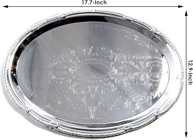 (Pack of 4) 17.7-Inch x 12.9-Inch Oval Shape Chrome Plated Serving Tray Plate Food Art Decor Floral Pattern Engraved Holiday Party Buffet Wedding Birthday (X-Large) T125XL-4PK