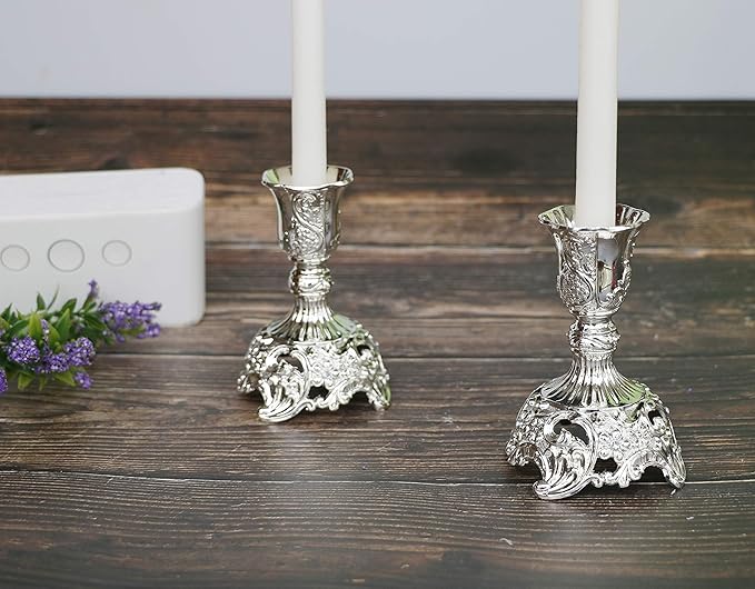 Silver Taper Candle Holders with Deluxe Engraved Design, Set of 2 Premium Metal Silver Candlestick Holders