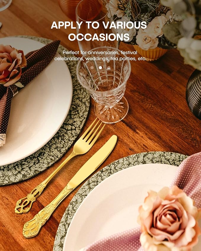 Stapava 20 Pcs Retro Royal Gold Silverware Set, Stainless Steel Gold Utensils Cutlery Set for 4, Gorgeous Flatware Set Include Forks Spoons and Knives Set, Dishwasher Safe, Mirror Polished