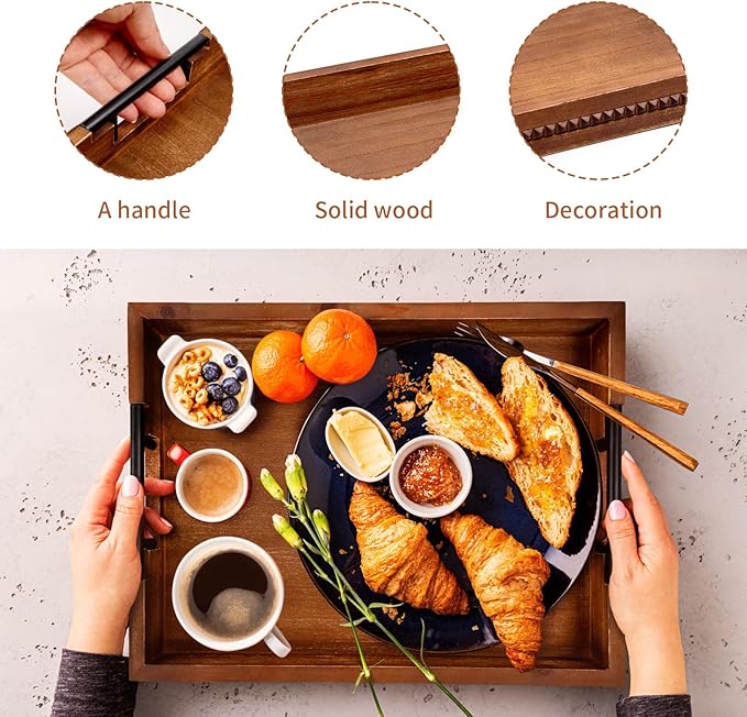 Wooden Set of 2 Serving Trays with Metal Handles Vintage Ottoman Tray 15 X 11 Wooden Retro Decorative Trays with Geometric Beads for Dinner & Home Decor (2paxk)