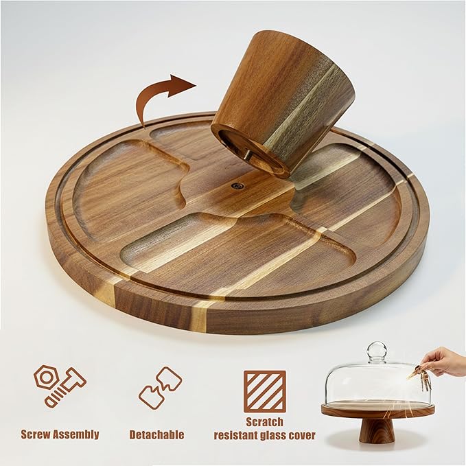 Acacia Wood Cake Stand with Scratch-Resistant Glass Dome Lid – 12-Inch Round Cake Holder with Screw-Type Base, Wooden Dessert Display Stand with Cover for Cakes, Pastries, Cheese & Charcuterie