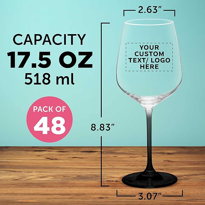 Custom Crystal Wine Glasses 17.5 oz Set of 48, Personalized Bulk Pack - Restaurant Glassware, Perfect for Red Wine or White Wine - Black