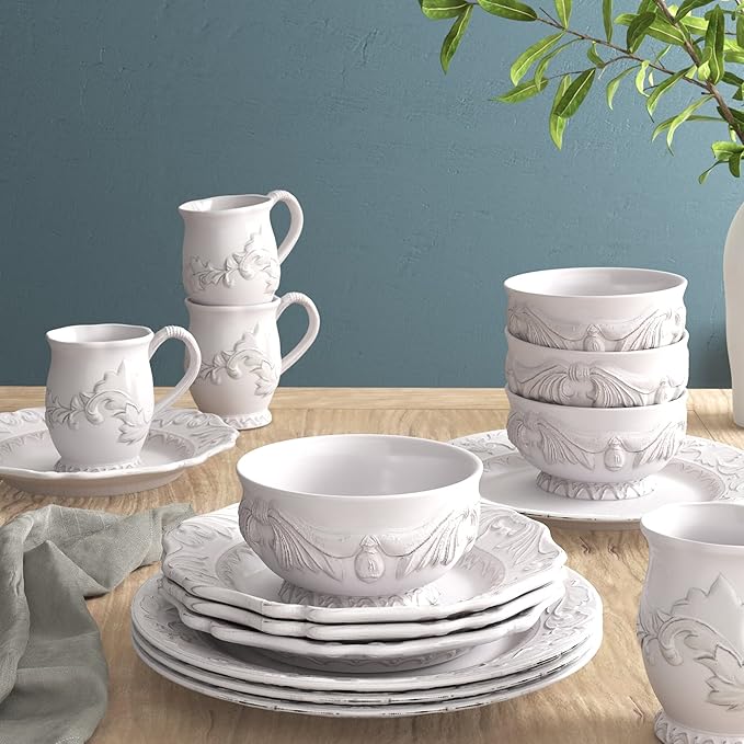 Firenze Ivory 16-Piece Ceramic Dinnerware Set, Service for 4 – Embossed Plates, Mugs & Bowls in Elegant Vintage White – Classic Everyday Dining Set for Rustic & Formal Tablescapes