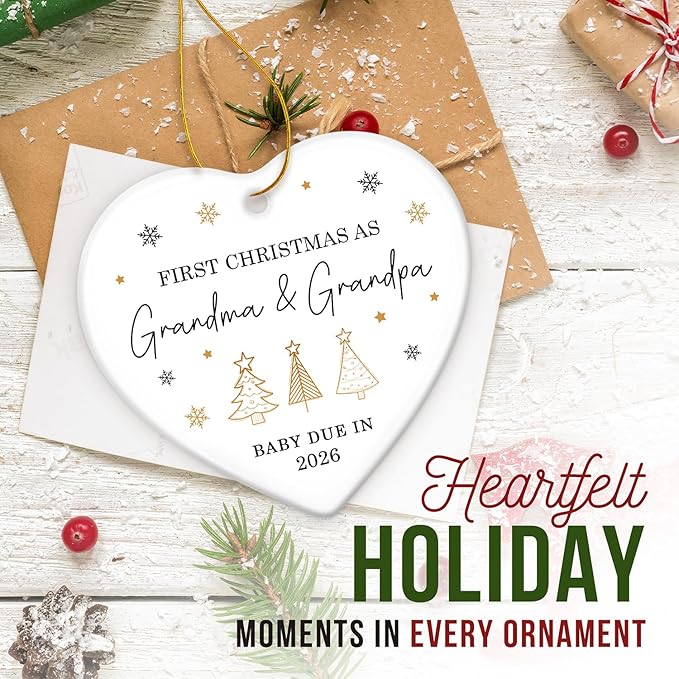 ZAGKOO First Christmas as Grandma and Grandpa Ornament 2025 - Baby Due in 2026 Ornament - New Grandparents Promoted to Grandparents Pregnancy Announcement Ceramic Heart Ornaments