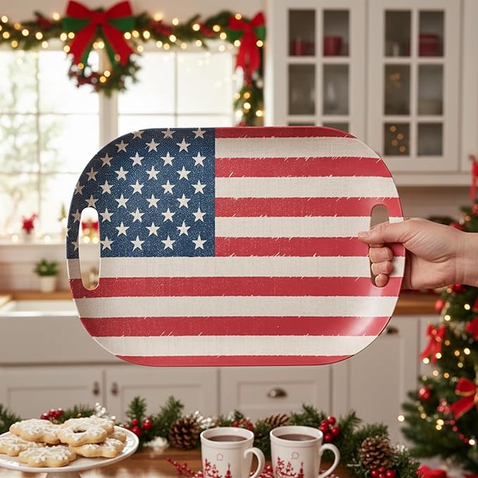 Kingen 2-Pack American Flag Serving Trays,18" Large Handled Tray & 13" Chip&Dip Platter, Stars & Stripes Dishes for 4th of July Independence Day, Picnics, BBQs & Parties (Bamboo Fiber, RBW)