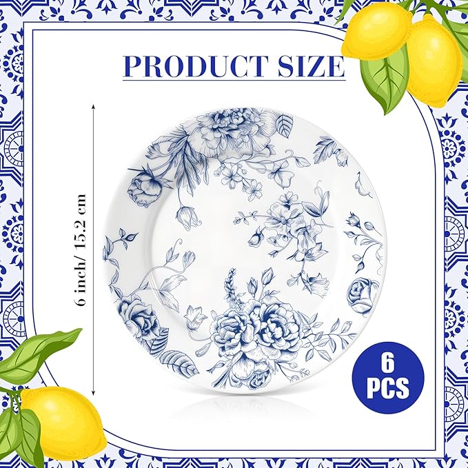 Honeydak 6 Pcs 6 Inch Blue Floral Flower Ceramic Plates Blue and White Porcelain Salad Serving Plate Vintage Dinner Appetizer Dessert Dishes Tableware for Wedding Birthday Tea Party Table Supplies