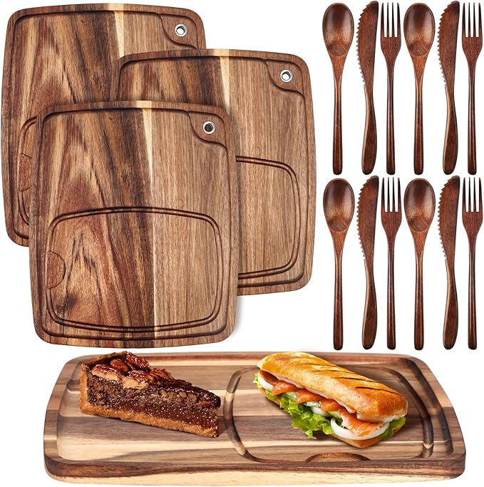 Hushee 16 Pcs Acacia Wooden Steak Plates Board Serving Tableware Set Include Wooden Plates with Juice Channel, Knives, Forks and Spoons for Christmas Kitchen Gift for Steak Lovers