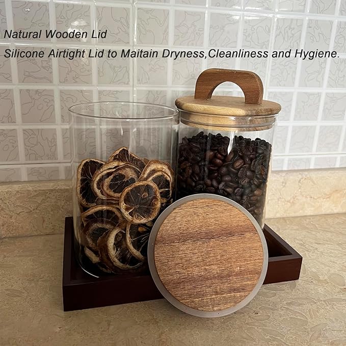 Glass Kitchen Canisters with Airtight Acacia Wooden Lid, Airtight Food Storage Jar with Handle,Canisters for Bathroom Decor with Vanity Tray (2, Brown Wooden Lid, 33 oz)