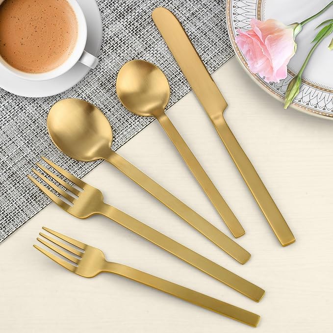 Gold Silverware Set, LAZAHOME 40-Piece Flatware Cutlery Set Service for 8, Stainless Steel Kitchen Utensil Set, Spoons And Forks Set, Matte Finished, Dishwasher Safe