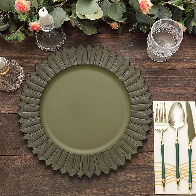 13" Charger Plates - Set of 12 - Matte Olive Green Sunflower Plastic Chargers, Disposable Round Acrylic Serving Trays For Dinner Wedding Party Events