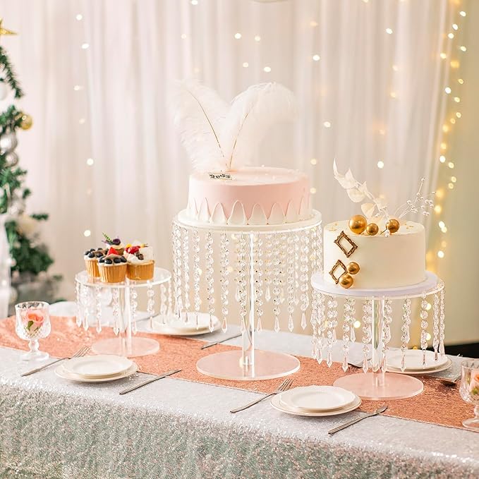 LANLONG Crystal Cake Stand for Party, Clear Acrylic Cake Stand Sets for Dessert Table, 3Pcs Round Cake and Cupcake Stand for Wedding Birthday Party Event Decorations