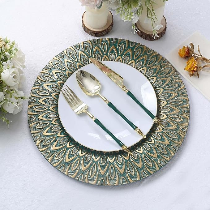 Efavormart 6 Pack | 13" Teal/Gold Embossed Peacock Design Plastic Serving Plates, Round Disposable Charger Plates