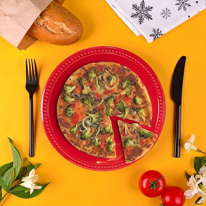 Melamine Beaded Dinner Plate Set of 6, 100% Pure Melamine, BPA Free, Chip & Break Resistant, Lightweight, Great for Dining, Weddings & Everyday Meals, Red, 11in