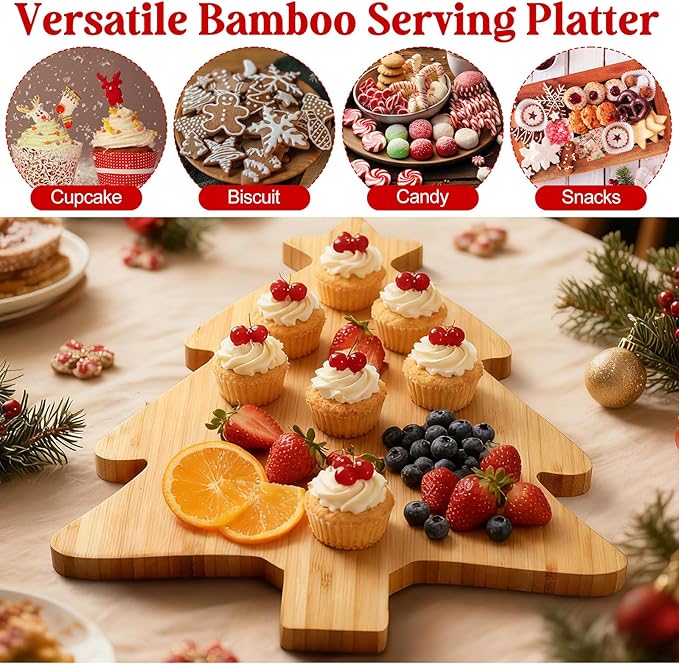 Remerry Christmas Bamboo Cutting Board Tray and Knife Set Xmas Tree Serving Tray Christmas Serving Dishes Charcuterie Board Platter Food Plate for Cheese Fruit Dessert Kitchen Party Gift Supplies