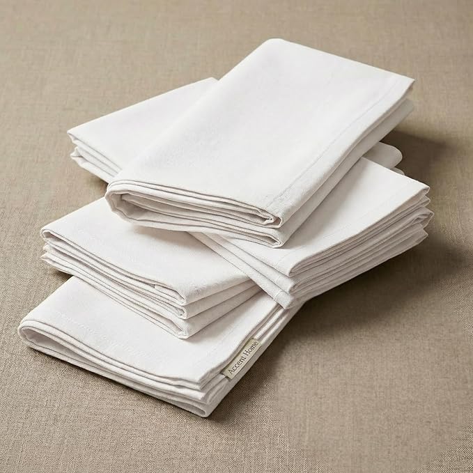 ACCENTHOME Accent Home 100% Cotton Napkins, Delicate Cloth Napkins for Dinners, Parties and Weddings，18 x 18 Inch Set of 12 - White