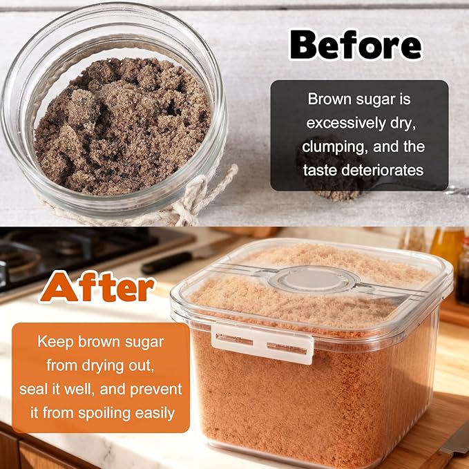 Airtight Brown Sugar Container 5.2Qt(5L) Large Brown Sugar Keeper Storage Container with Spoon Plastic Clear food Saver Jar Canisters with lid for home kitchen Rice Container Baking Salt Snack