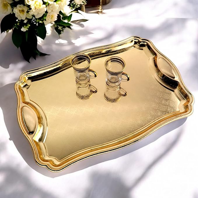 19.5 inch x 13.8 inch Oblong Iron Gold Plated Mirror Serving Tray with Handles Floral Engraved Decorative Party Birthday Dessert Wine Decor Platter Plate Base Dish FST-081