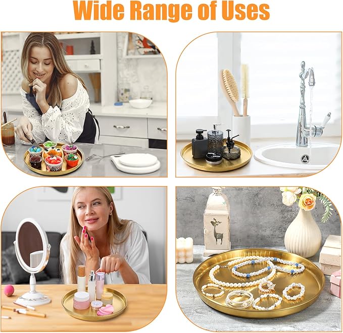 3 Pcs 12 Inch Gold Round Serving Tray, Stainless Steel Decorative Plate for Jewelry Makeup Organizer, Vanity Bathroom Coffee Table Dessert Display
