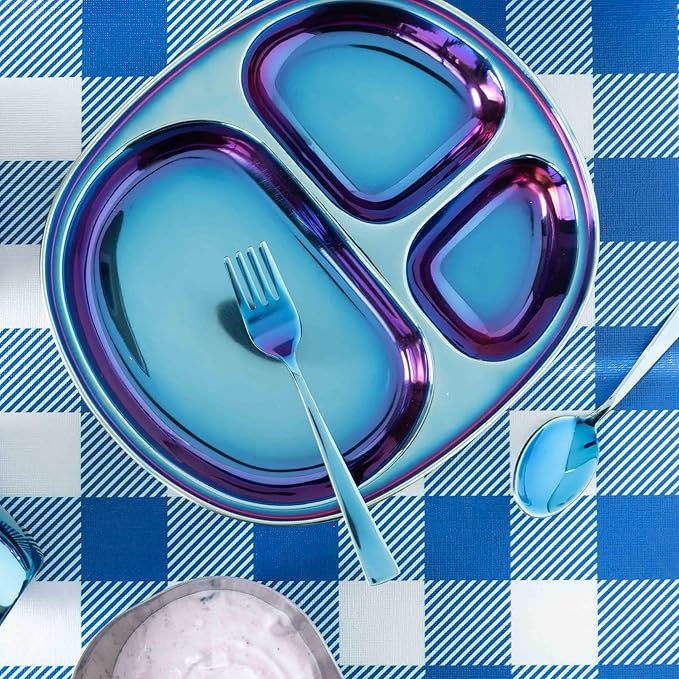 Ahimsa Stainless Steel Kids Utensils Set, Pediatrician Designed, Colorful Kids Silverware, Non Toxic, Dishwasher Safe, Iridescent Blue Fork and Spoon