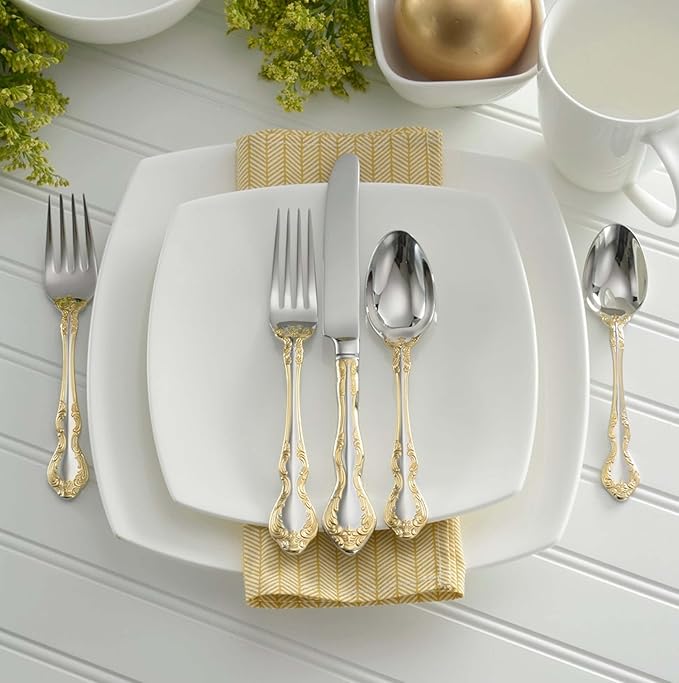 Oneida Silverware Set, Golden Mandolina 45 Piece Fine Flatware Set, Service For 8, 18/10 Stainless Steel, Dishwasher Safe, Knives Spoons And Forks Set, Home And Kitchen Utensils(Silver/Gold, 45 Piece)