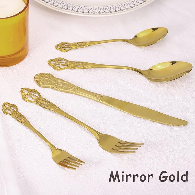 Gold Silverware Set for 12, Stainless Steel Gorgeous Retro Royal Flatware Set, 60-Pieces Cutlery Tableware set, Kitchen utensils set Include Spoons And Forks Set, Mirror Finish, Dishwasher Safe