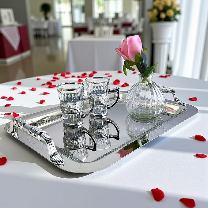 (Pack of 3) 14.2 inch x 10.2 inch Oblong Chrome Plated Serving Tray with Handles Stylish Design Iron Gold Floral Engraved Decorative Wedding Dessert Buffet Wine Platter Plate NC-262