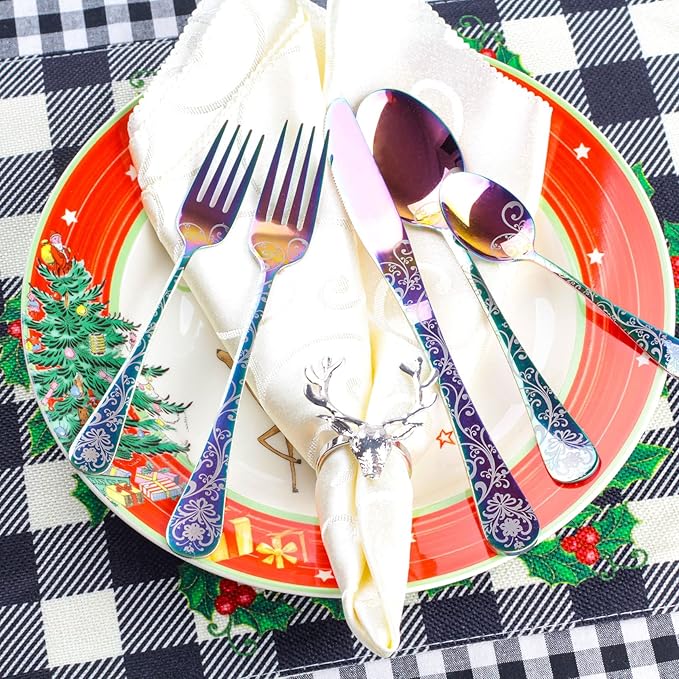 20 Pieces Stainless Steel Flatware Set for 4 People Knives Forks Spoons Set, Vintage Pattern Design, Mirror Polish and Dishwasher Safe (05-COLORFUL-SET 20)