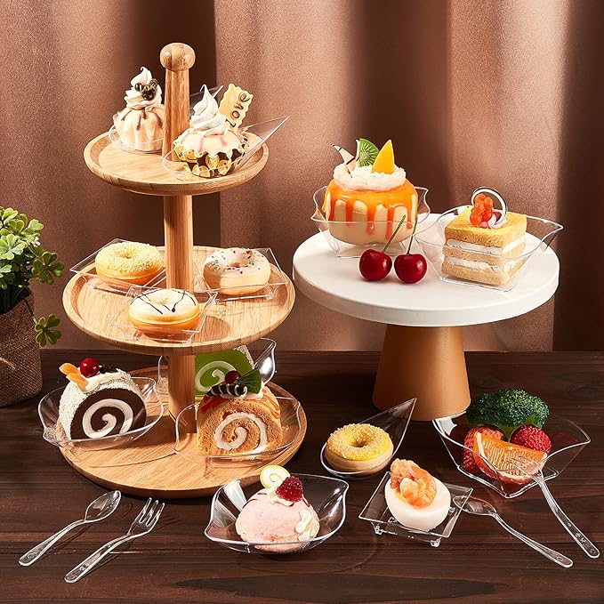 Tessco 200 Pcs Mini Appetizer Plates with Spoons Forks Disposable Mini Dessert Plates Plastic Appetizer Bowls Tiny Individual Serving Trays for Party(Clear,Classic)